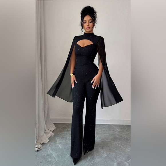 Pants - Elegant Black Cape Jumpsuit